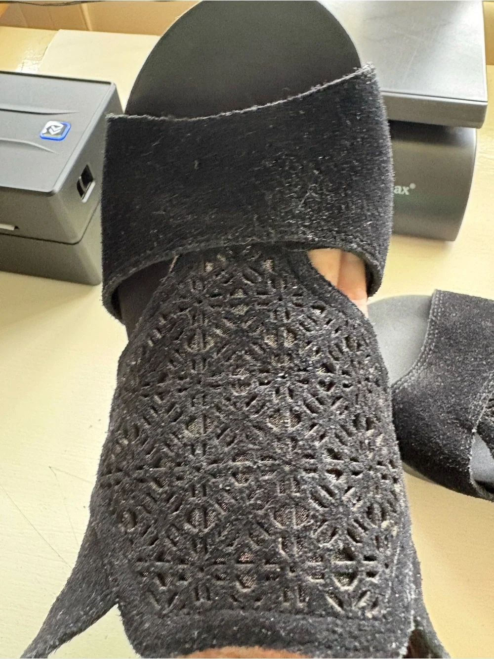 Yellow Box Black Laser-Cut Slingback Wedge Sandals
